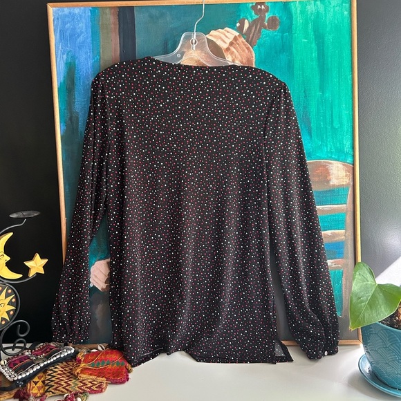 Liz Claiborne Women’s Size Medium Black White Dotted Keyhole Pullover Blouse - Picture 9 of 14